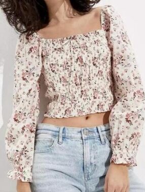 American Eagle Floral Smocked Crop Top XL Long Sleeve Square Neck Cottagecore